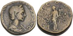 Aquilia Severa, wife of Elagabalus (Augusta, AD 221-222). Rome, AD 221. IVLIA AQVILIA SEVERA AVG, diademed and draped bust of Aquilia Severa right / CONCORDIA S - C. Concordia standing left, holding d