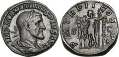 Maximinus I Thrax (AD 235-238). AE sestertius (19.74 gm). Rome, AD 236. IMP MAXIMINVS PIVS AVG, laureate, draped and cuirassed bust of Maximinus right / P M TR P II COS P P S - C, Maximinus in armor s