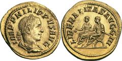Philip II (AD 247-249). AV aureus (4.71 gm). Rome, AD 247. IMP PHILIPPVS AVG, laureate, draped bust of Philip right / LIBERALITAS AVGG III, Philips I and II seated left on curule chairs side-by-side, 