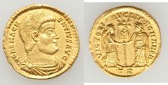 Magnentius (AD 350-353). AV solidus (4.62 gm). Trier, AD 350 AD. IM CAE MAGN-ENTIVS AVG, bare headed, draped and cuirassed bust of Magnentius right / VICTORIA. AVG LIB ROMANOR, Victory on left, standi