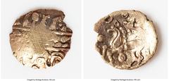 Ancients Celtic BRITAIN. Uncertain Tribe. AV quarter-stater (14mm, 1.08 gm, 3h). XF, marks. Ca. 60-45 BC. Wreath design within solid outer lines, with hidden face, five spiked locks of hair, straight 