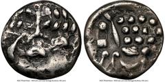 Ancients Celtic BRITAIN. Durotriges. Ca. 60-20 BC. AR stater (17mm, 4h). NGC VF. Durotrigan E, Abstract (Cranborne Chase type). Devolved and Celticized head of Apollo right / Disjointed horse left wit