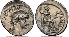 Ancients Roman Imperial Tiberius (AD 14-37). AR denarius (19mm, 3.66 gm, 1h). NGC Choice XF 3/5 - 2/5. Lugdunum, ca. AD 18-35. TI CAESAR DIVI-AVG F AVGVSTVS, laureate head of Tiberius right / PONTIF-M