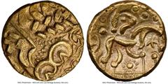 Ancients Celtic BRITAIN. Corieltavi. Ca. 60-20 BC. AV stater (18mm, 5.94 gm, 2h). NGC Choice XF 4/5 - 4/5. Uninscribed issues, North East Coast Type, ca. 50 BC. Deconstructed and Celticized head of Ap