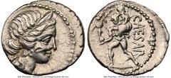 Ancients Roman Republic Julius Caesar, as Dictator (49-44 BC). AR denarius (19mm, 3.86 gm, 6h). NGC Choice VF 4/5 - 2/5, bankers mark, brushed. Military mint traveling with Caesar in North Africa, ca.