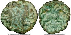 Ancients Celtic EASTERN GAUL. Ambiani. Ca. mid 1st century BC. AE (17mm, 6h). NGC VF. Two boars right, back-to-back; large S in left field, bucranium in right field / Celticized horse right; small ani