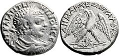Aelia Capitolina, Judaea. Caracalla (198 - 217 AD). AR billon tetradrachm (27mm, 13.86 gm, 12h). Struck 215-217 AD. Draped Bust of Caracalla r., laureate; ΑΥΤ ΚAI ANTWNONOC CE / Eagle with spread wing