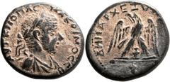 Aelia Capitolina, Judaea. Macrinus (218 AD). AR billon tetradrachm (25mm, 13.05 gm, 12h). Draped Bust of Macrinus r., laureate; ΑΥΤ Κ Μ ΟΠΛ C ΜΑΚΡΙΝΟC CΒ / Eagle with spread wings standing l. on thyrs