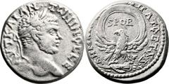 Caesarea Maritima, Samaria. Caracalla (198 - 217 AD). AR 25mm, tetradrachm (14.41 gm, 6h). Struck 215-217 AD. Bust of Caracalla r., laureate; ΑΥΤ ΚAI ANTWNONOC CE / SPQR within wreath supported by eag