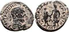 Eleutheropolis, Judaea. Macrinus (218 AD). AE (31mm, 18.48 gm, 6h). Draped bust of Macrinus r., laureate; ΑΥ ΚΑΙC MAK[PINOC CEB] / Macrinus on r. and Diadumenian standing facing one another, shaking h