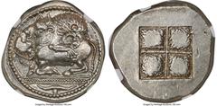Ancients Greek MACEDON. Acanthus. Ca. 525-470 BC. AR tetradrachm (28mm, 17.10 gm). NGC MS S 5/5 - 4/5, Fine Style. Struck ca. 480-470 BC. Lion springing right, attacking bull kneeling left with raised