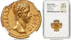 Ancients Roman Imperial Augustus (27 BC-AD 14). AV aureus (20mm, 7.85 gm, 5h). NGC AU 5/5 - 4/5. Lugdunum, 15-13 BC. AVGVSTVS-DIVI•F, bare head of Augustus right / IMP•X, bull charging right, head low