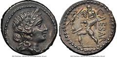 Ancients Roman Republic Julius Caesar, as Dictator (49-44 BC). AR denarius (18mm, 3.90 gm, 6h). NGC AU S 5/5 - 5/5. Military mint traveling with Caesar in North Africa, ca. 48-46 BC. Head of Venus rig