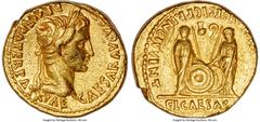 Ancients Roman Imperial Augustus (27 BC-AD 14). AV aureus (20mm, 7.73 gm, 6h). NGC XF 4/5 - 2/5, marks, brushed. Lugdunum, 2 BC-AD 4. CAESAR AVGVSTVS-DIVI F PATER PATRIAE, laureate head of Augustus ri