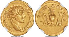 Ancients Roman Imperial Marcus Aurelius, as Caesar (AD 161-180). AV aureus (20mm, 7.06 gm, 6h). NGC Choice VF 5/5 - 4/5. Rome, AD 140-144. AVRELIVS CAE-SAR AVG P II F COS, bare head of Marcus Aurelius