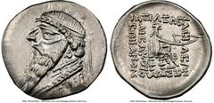 Ancients Greek PARTHIAN KINGDOM. Mithradates II (ca. 121-91 BC). AR drachm. NGC Choice XF. Rhagae or Ecbatana, ca. 109-96/5 BC. Diademed, draped bust of Mithradates II left, with long pointed beard, w