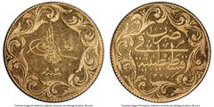 Islamic Dynasties Ottoman Empire Ottoman Empire. Mehmed V gold 100 Kurush AH 1327 Year 2 (1910) MS63 PCGS, KM755, Fr-154. Mintage: 37,110. Monnaie de Luxe series. PCGS Top Pop, the highest available g