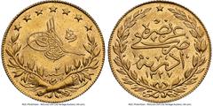 Islamic Dynasties Ottoman Empire Ottoman Empire. Mehmed V gold 100 Kurush AH 1327 Year 2 (1910) MS62 NGC, Edirne mint, KM794, Fr-168. Only one graded higher by NGC; a glittering example of this type. 