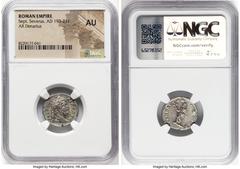 Ancients Roman Imperial Septimius Severus (AD 193-211). AR denarius (18mm, 1h). NGC AU. Rome, AD 200-210. SEVERVS-PIVS AVG, laureate head of Septimius Severus right / FVNDAT-OR-PACIS, Septimius Severu