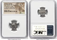 Ancients Roman Imperial Septimius Severus (AD 193-211). AR denarius (16mm, 3.45 gm, 6h). NGC Choice XF 4/5 - 4/5. Rome, AD 193-194. IMP CAE L SEP• SEV PERT AVG, laureate head of Septimius Severus righ