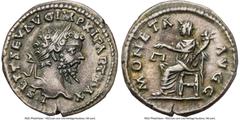 Ancients Roman Imperial Septimius Severus (AD 193-211). AR denarius (18mm, 3.25 gm, 12h). NGC XF 5/5 - 4/5. Laodicea, AD 198-202. L. SEPT SEV AVG IMP XI PART MAX, laureate head of Severus right/ MONET