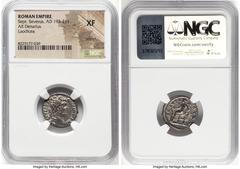 Ancients Roman Imperial Septimius Severus (AD 193-211). AR denarius (18mm, 1h). NGC XF, scratch. Laodicea ad Mare, AD 198. L SEP SEVERVS PER-AVG P M IMP XI, laureate head of Septimius Severus right / 