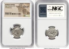 Ancients Roman Imperial Septimius Severus (AD 193-211). AR denarius (21mm, 1h). NGC Choice VF. Rome, AD 201-210. SEVERVS-PIVS AVG, laureate head of Septimius Severus right / AFRICA, Africa reclining l