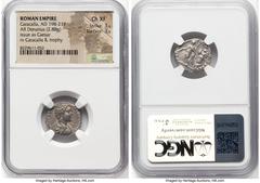 Ancients Roman Imperial Caracalla, as Caesar (AD 198-217). AR denarius (17mm, 2.88 gm, 7h). NGC Choice XF 3/5 - 3/5. Laodicea, AD 196-197. M AVR ANTON CAES PONTIF, bare headed, draped, and cuirassed b