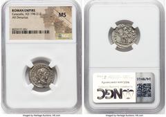 Ancients Roman Imperial Caracalla (AD 198-217). AR denarius (19mm, 7h). NGC MS. Rome, AD 213-217. ANTONINVS PIVS AVG GERM, laureate head of Caracalla right / MARTI PROPVGNATORI, Mars advancing left, t
