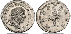 Ancients Roman Imperial Caracalla (AD 198-217). AR denarius (19mm, 3.32 gm, 12h). NGC Choice AU 5/5 - 4/5, brushed. Rome, ca. AD 215. ANTONINVS PIVS AVG GERM, laureate head of Caracalla right / MONETA