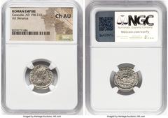 Ancients Roman Imperial Caracalla (AD 198-217). AR denarius (19mm, 1h). NGC Choice AU. Rome, AD 201-206. ANTONINVS-PIVS AVG, laureate, draped, youthful bust of Caracalla right, seen from behind / INDV