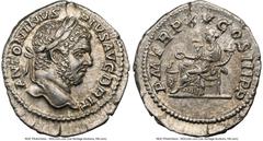 Ancients Roman Imperial Caracalla (AD 198-217). AR denarius (20mm, 3.31 gm, 12h). NGC AU 5/5 - 5/5. Rome, AD 212. ANTONINVS PIVS-AVG BRIT, laureate and bearded mature head of Caracalla right / P M TR 