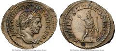 Ancients Roman Imperial Caracalla (AD 198-217). AR denarius (21mm, 6h). NGC AU. Rome, AD 216. ANTONINVS PIVS AVG GERM, laureate head of Caracalla right / P M TR P XVIIII-COS IIII P P, Serapis standing
