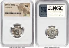 Ancients Roman Imperial Caracalla (AD 198-217). AR denarius (20mm, 12h). NGC AU. Rome, AD 216. ANTONINVS PIVS AVG GERM, laureate head of Caracalla right / P M TR P XVIIII COS IIII P P, Jupiter standin