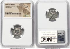 Ancients Roman Imperial Caracalla (AD 198-217). AR denarius (19mm, 7h). NGC XF. Rome, AD 202. ANTONINVS-PIVS AVG, laureate, draped, and cuirassed bust of youthful Caracalla right, seen from behind / P