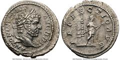 Ancients Roman Imperial Caracalla (AD 198-217). AR denarius (20mm, 7h). NGC XF. Rome, AD 210-213. ANTONINVS PIVS-AVG BRIT, laureate head of Caracalla right / PROFECTIO AVG, Caracalla standing facing, 