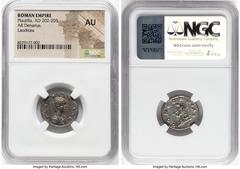 Ancients Roman Imperial Plautilla (AD 202-205). AR denarius (19mm, 11h). NGC AU. Laodicea ad Mare. PLAVTILLAE-AVGVSTAE, draped bust of Plautilla right, seen from front, hair coiled in ridges, braided 