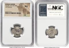 Ancients Roman Imperial Plautilla (AD 202-205). AR denarius (19mm, 12h). NGC AU. Rome. PLAVTILLA-AVGVSTA, draped bust of Plautilla right, seen from front, hair in waved ridges and bound in small chign