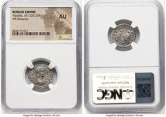 Ancients Roman Imperial Plautilla (AD 202-205). AR denarius (18mm, 7h). NGC AU. Rome. PLAVTILLA-AVGVSTA, draped bust of Plautilla right, seen from front, hair coiled in ridges and fastened in large ch