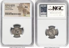 Ancients Roman Imperial Geta, as Caesar (AD 209-211). AR denarius (19mm, 11h). NGC AU. Rome, ca. AD 200-202. P SEPT GETA-CAES PONT, draped bust of youthful Geta right, seen from behind / LIBERALITAS A