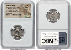 Ancients Roman Imperial Elagabalus (AD 218-222). AR denarius (20mm, 3.34 gm, 5h). NGC Choice AU 5/5 - 5/5. Rome. IMP CAES M AVR-ANTONINVS AVG, laureate, draped bust of Elagabalus right, seen from behi