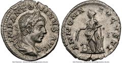 Ancients Roman Imperial Elagabalus (AD 218-222). AR denarius (18mm, 2.69 gm, 5h). NGC Choice XF 5/5 - 3/5, brushed. Rome. IMP ANTONINVS AVG, laureate, draped bust of Elagabalus right, seen from behind