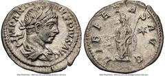 Ancients Roman Imperial Elagabalus (AD 218-222). AR denarius (20mm, 7h). NGC XF. Rome. IMP ANTONINVS PIVS AVG, laureate, draped bust of Elagabalus right, seen from behind / LIBERTAS AVG, Libertas stan