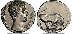 Ancients Roman Imperial Augustus (27 BC-AD 14). AR denarius (18mm, 3.86 gm, 7h). NGC AU 4/5 - 3/5, brushed. Lugdunum, ca. 15-13 BC. AVGVSTVS-DIVI•F, bare head of Augustus right / IMP•X, bull charging 