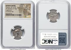 Ancients Roman Imperial Tiberius, as Augustus (AD 14-37). AR denarius (18mm, 3.73 gm, 4h). NGC AU 4/5 - 4/5. Lugdunum, ca. AD 18-35. TI CAESAR DIVI-AVG F AVGVSTVS, laureate head of Tiberius right / PO
