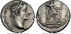 Ancients Roman Imperial Tiberius, as Augustus (AD 14-37). AR denarius (16mm, 3.59 gm, 11h). NGC Choice XF 2/5 - 2/5, brushed. Lugdunum, ca. AD 18-35. TI CAESAR DIVI-AVG F AVGVSTVS, laureate head of Ti