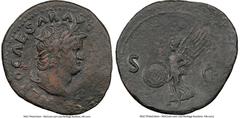 Ancients Roman Imperial Nero, as Augustus (AD 54-68). AE as (30mm, 4h). NGC VF. Lugdunum, AD 66. IMP NERO CAESAR AVG P MAX TR P P P, bare head of Nero right, globe at point of truncation / Victory fly