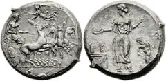Himera. Ca. 409-407 BC. AR tetradrachm (25mm, 17.34 gm, 6h). Obverse die signed by the artist MAI. The nymph Himera driving galloping quadriga right; above, Nike flying left, crowning her with wreath 
