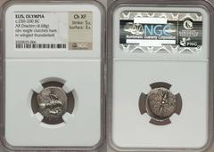 Olympia. 134th-143rd Olympiads (ca. 244-208 BC). AR drachm (20mm, 4.68 gm, 1h). Eagle flying right, clutching hare in talons / F-A across field, thunderbolt with double volutes above and wings below; 