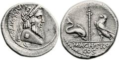 Pompey the Great (49 BC). AR denarius (20mm, 3.80 gm, 6h). Mint traveling with Pompey in Greece. Terentius Varro, proquaestor. VARRO. PRO. Q, terminal bust of Jupiter right, diademed / MAGN. PRO/COS i
